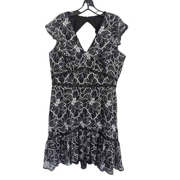 Adelyn Rae Women's XL Black White Floral Lace V-Neck Ruffle Hem Party Dress - Picture 1 of 4